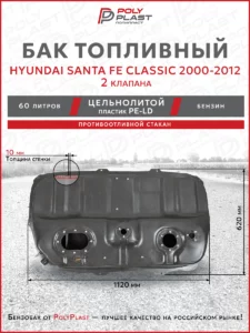 Топливный бак (глубокий) Hyundai Santa Fe Classic 2000-2012, 2 клапана, бензин, пластик